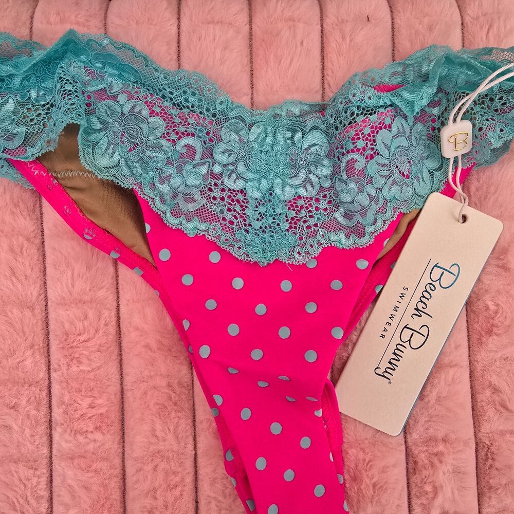 Beach Bunny Bikini Bottoms - Pink with teal poka-dots & lace
